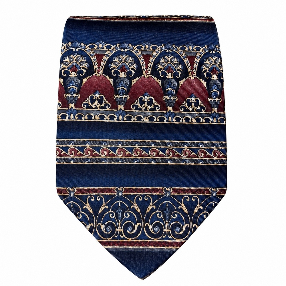 Bill Blass 100% Silk Tie Navy Burgundy Gold Baroque Medallion Mens Necktie